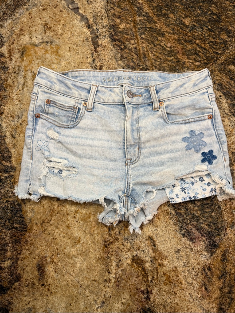 American Eagle Light Blue Distressed Floral Patch High-Rise Shortie Denim Shorts